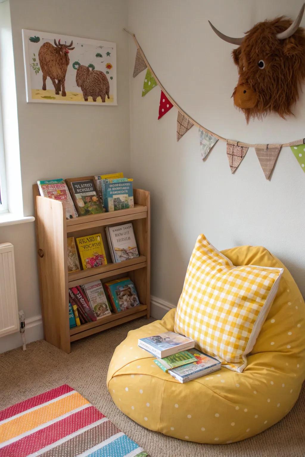 A reading nook invites quiet moments and imaginative adventures.