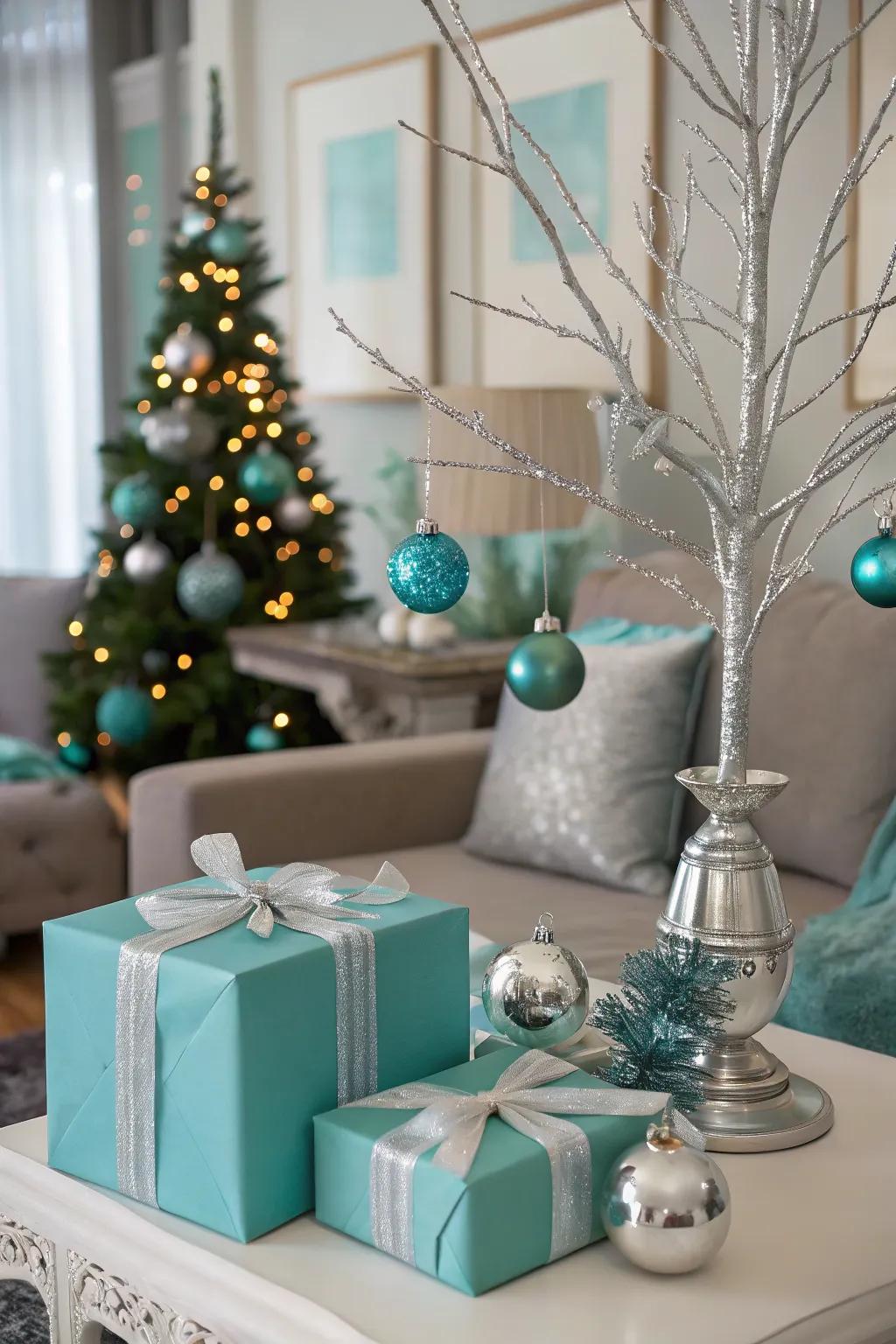 A contemporary spin with teal and silver decoration.