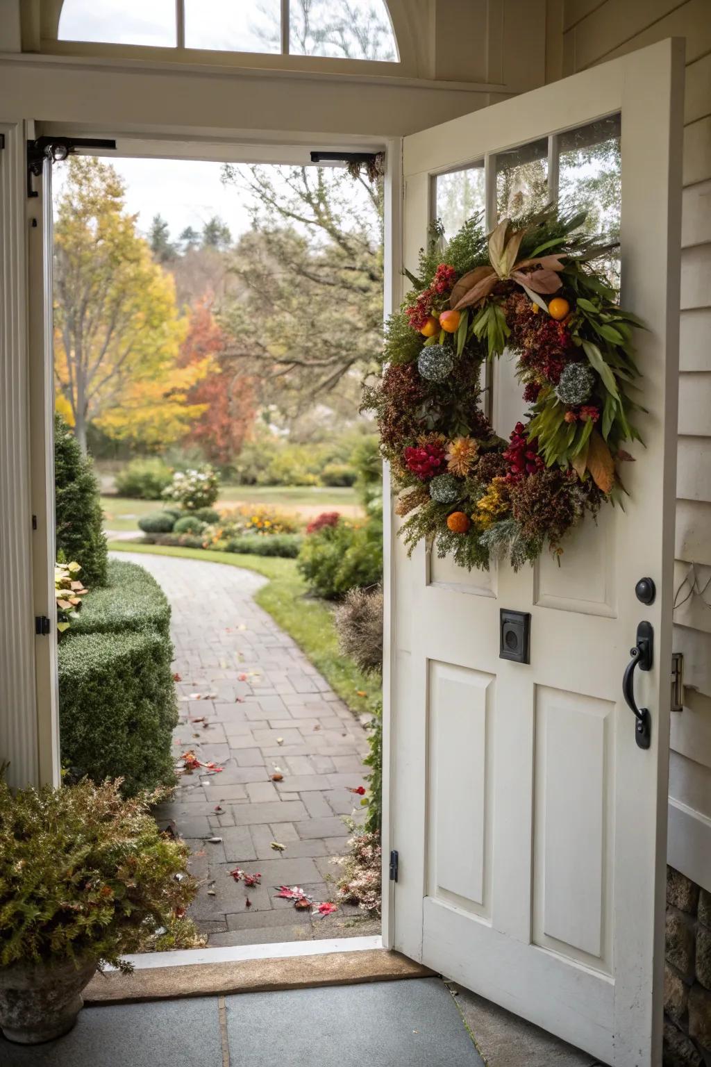 A vibrant seasonal wreath that adds curb appeal to the front door.