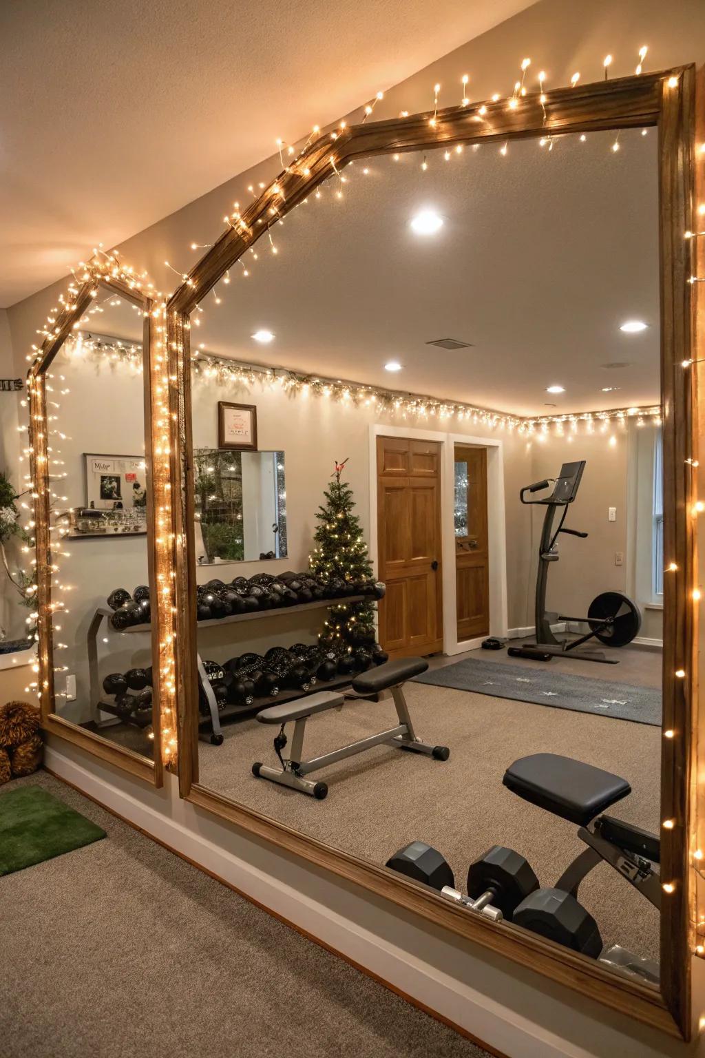 String lights around mirrors create a cozy gym vibe.