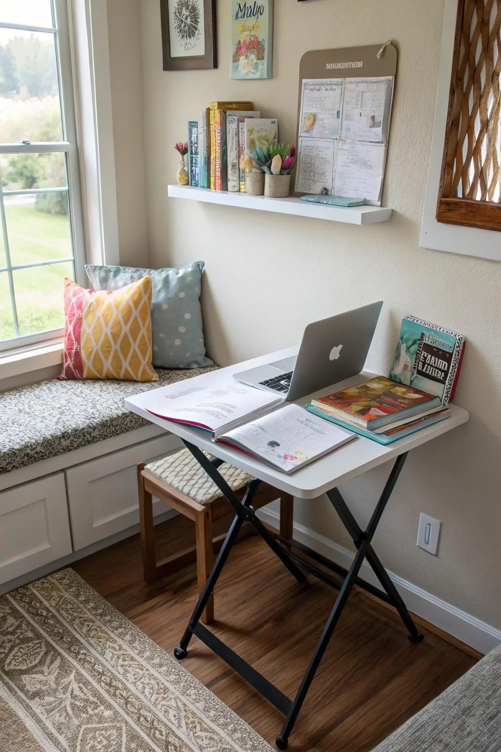 Foldable tables create flexible workspaces in small areas.