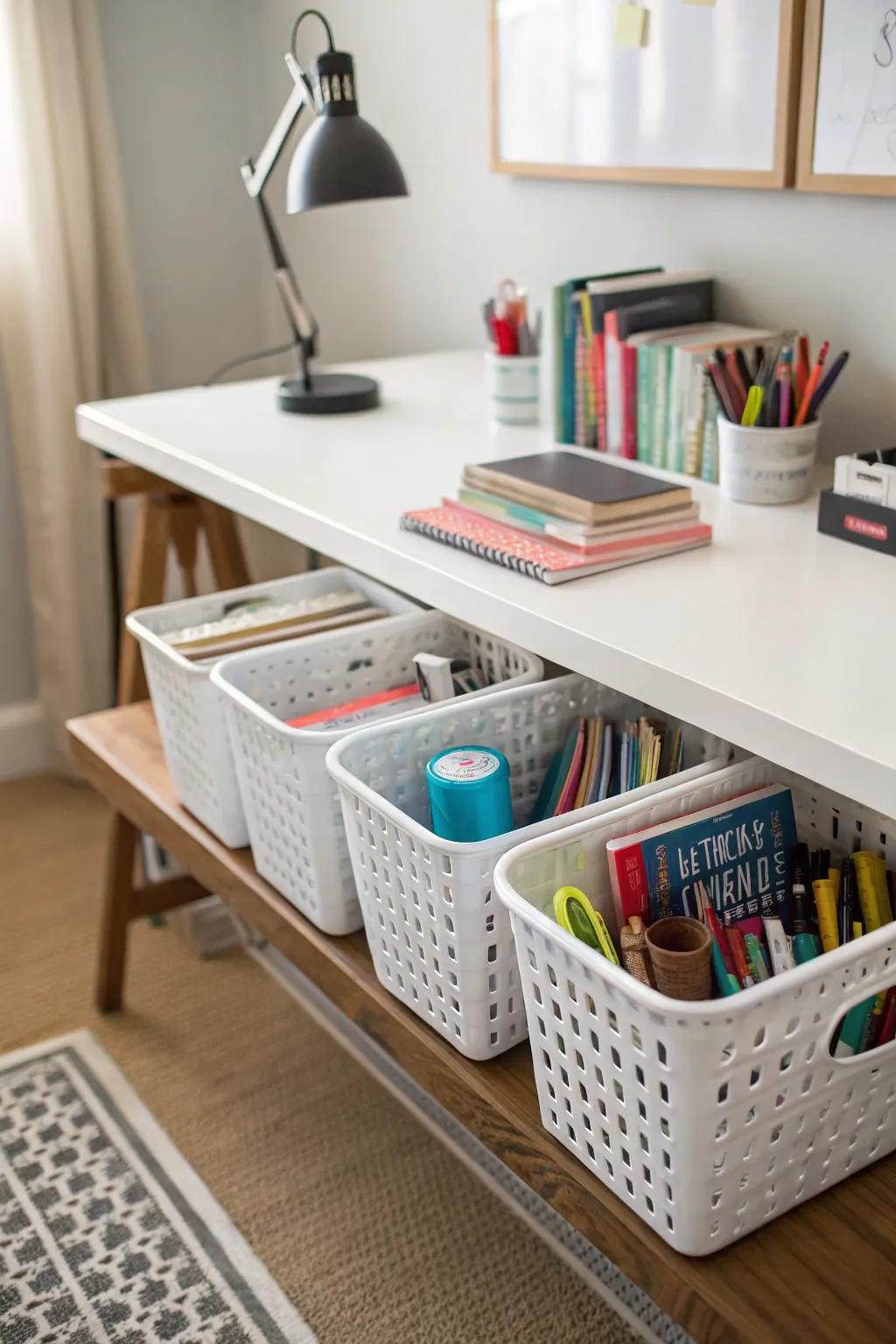Below-desk storage keeps things accessible.