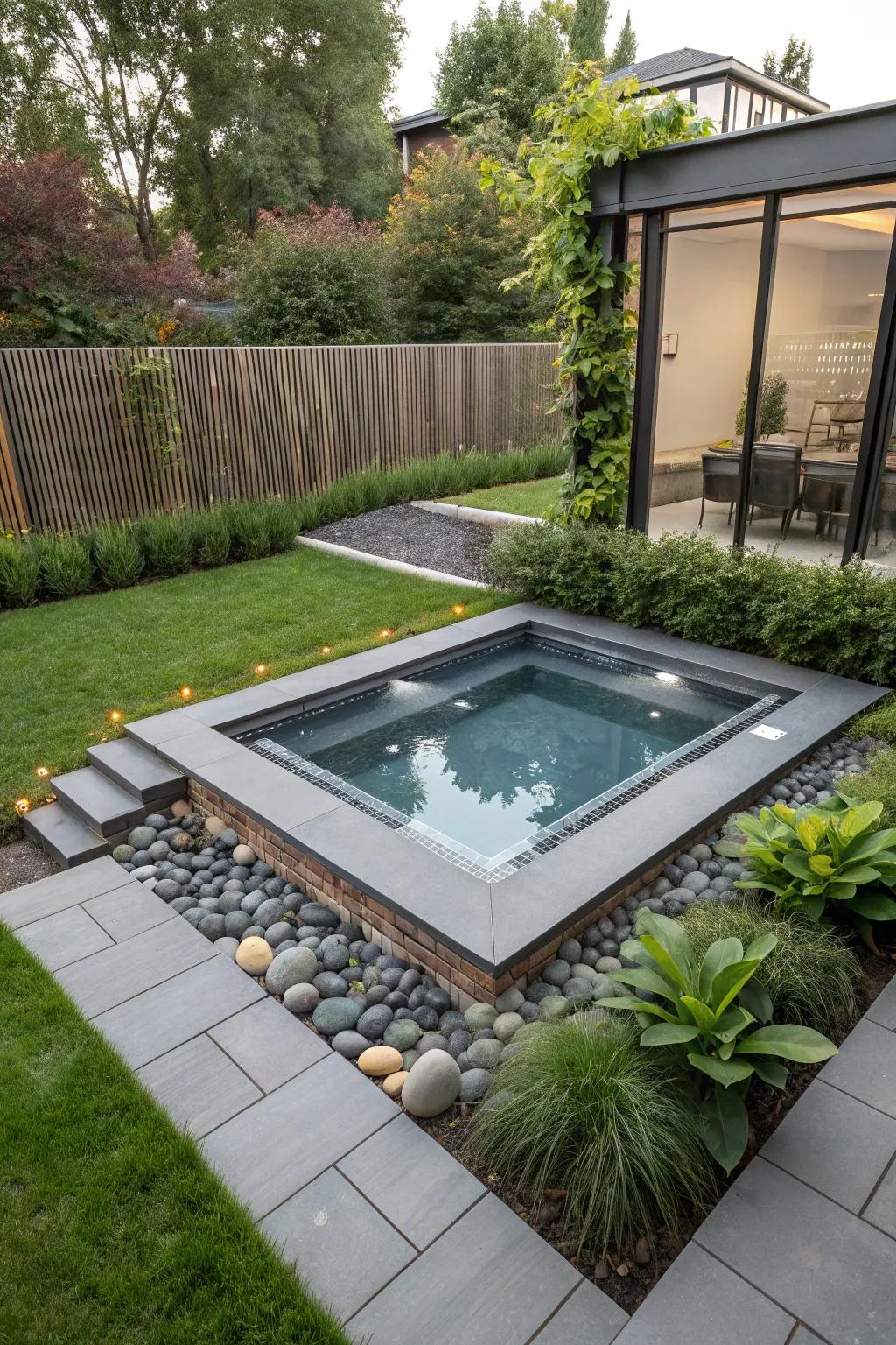 A sunken design offers a sleek, modern hot tub aesthetic.