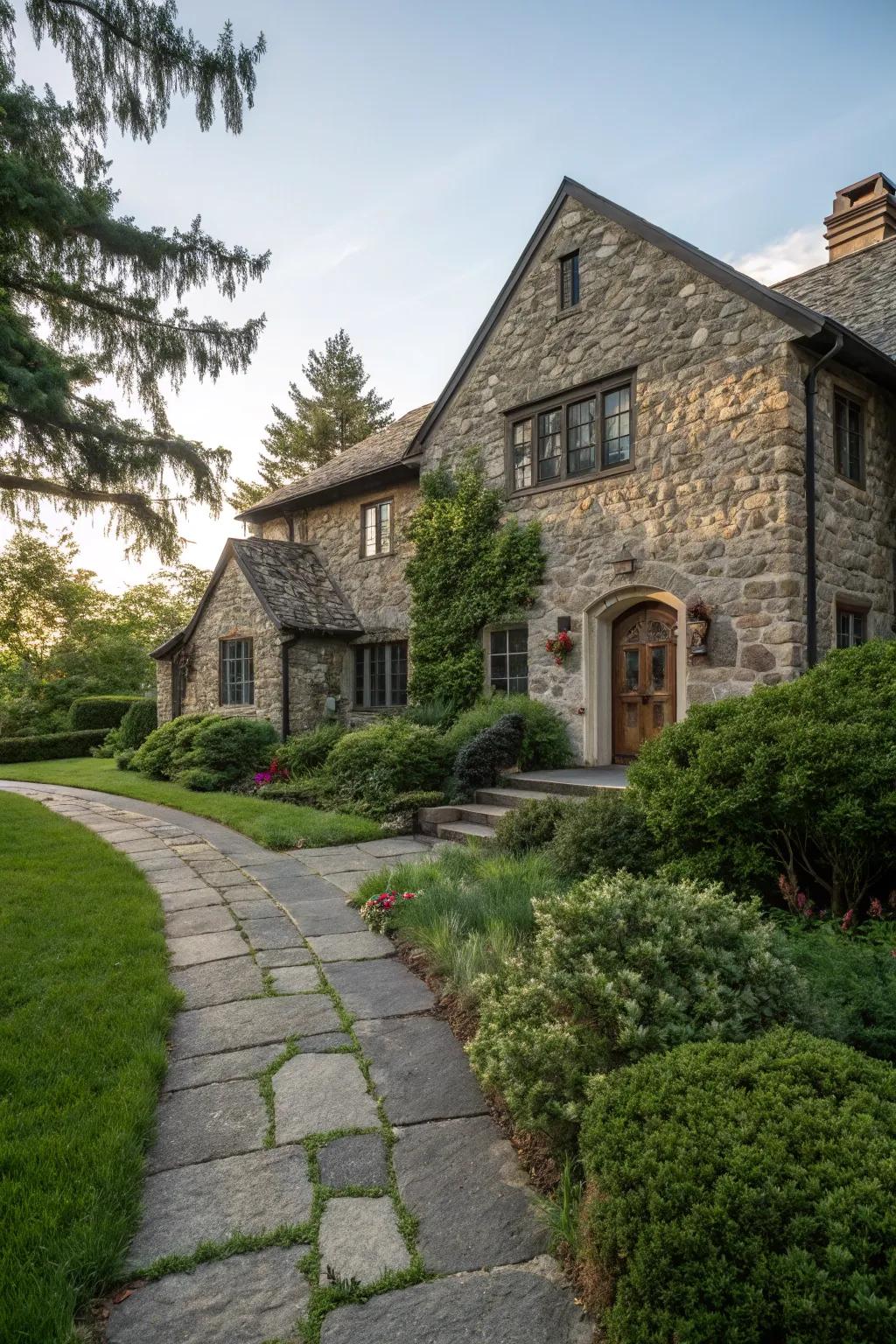 Textured rock walls adding depth to the facade.