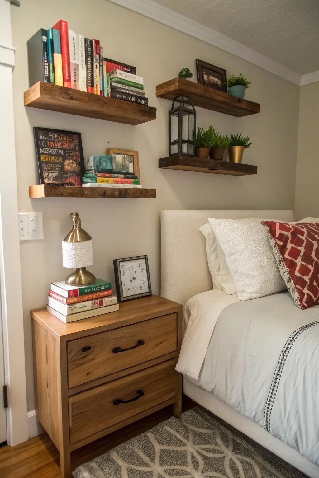 A small space made to feel larger with floating shelves and nightstand.