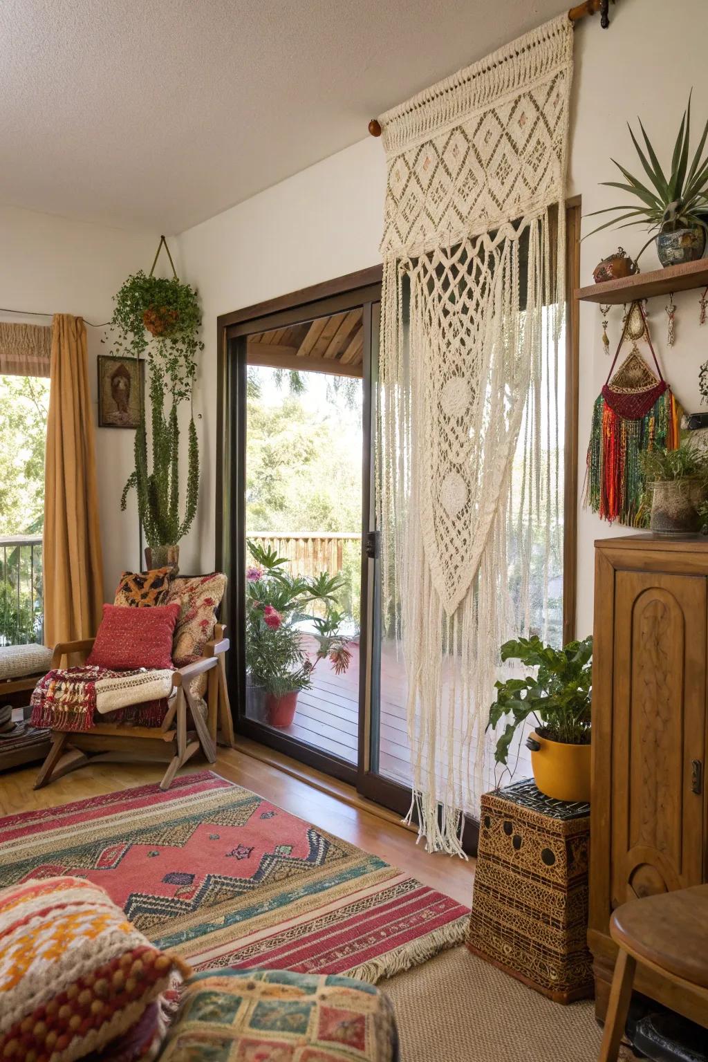 Macramé curtains add handmade warmth and texture.