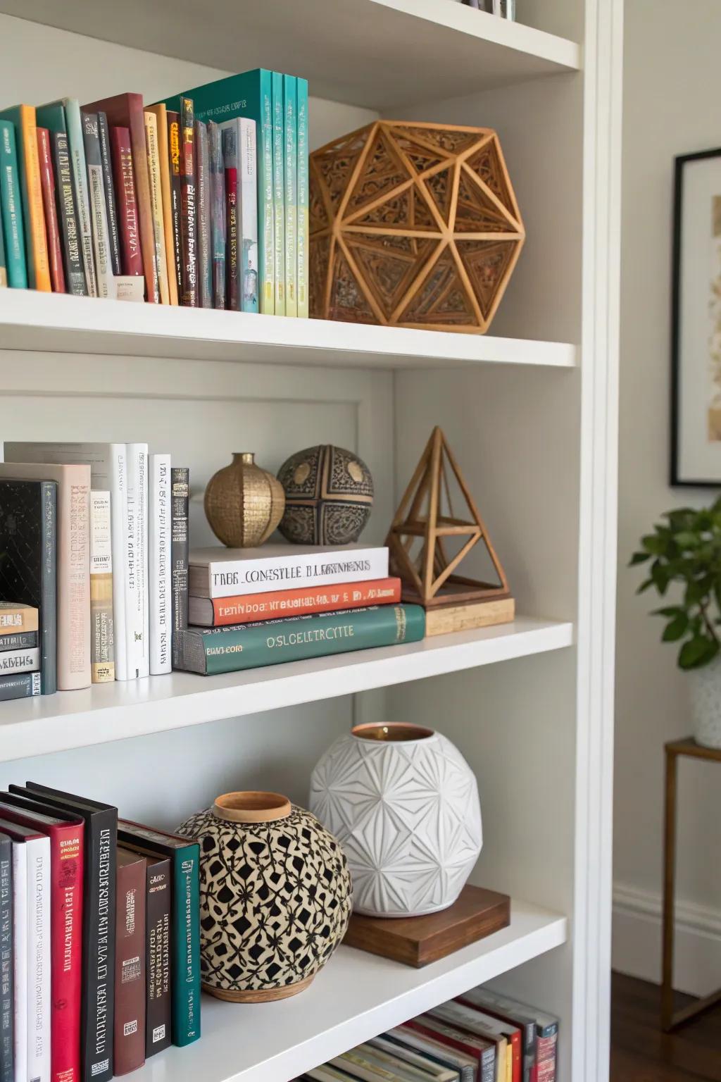 Bookshelf with dynamic geometric shapes.