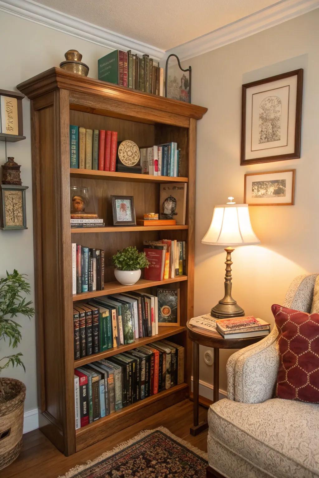 Make the most of room and style with a corner bookcase.