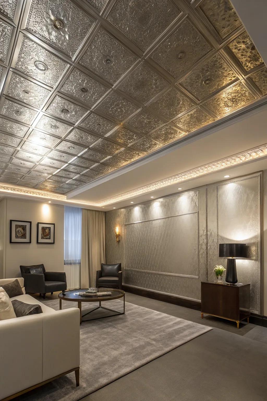 A modern room with a lavish shiny coat on the roof.