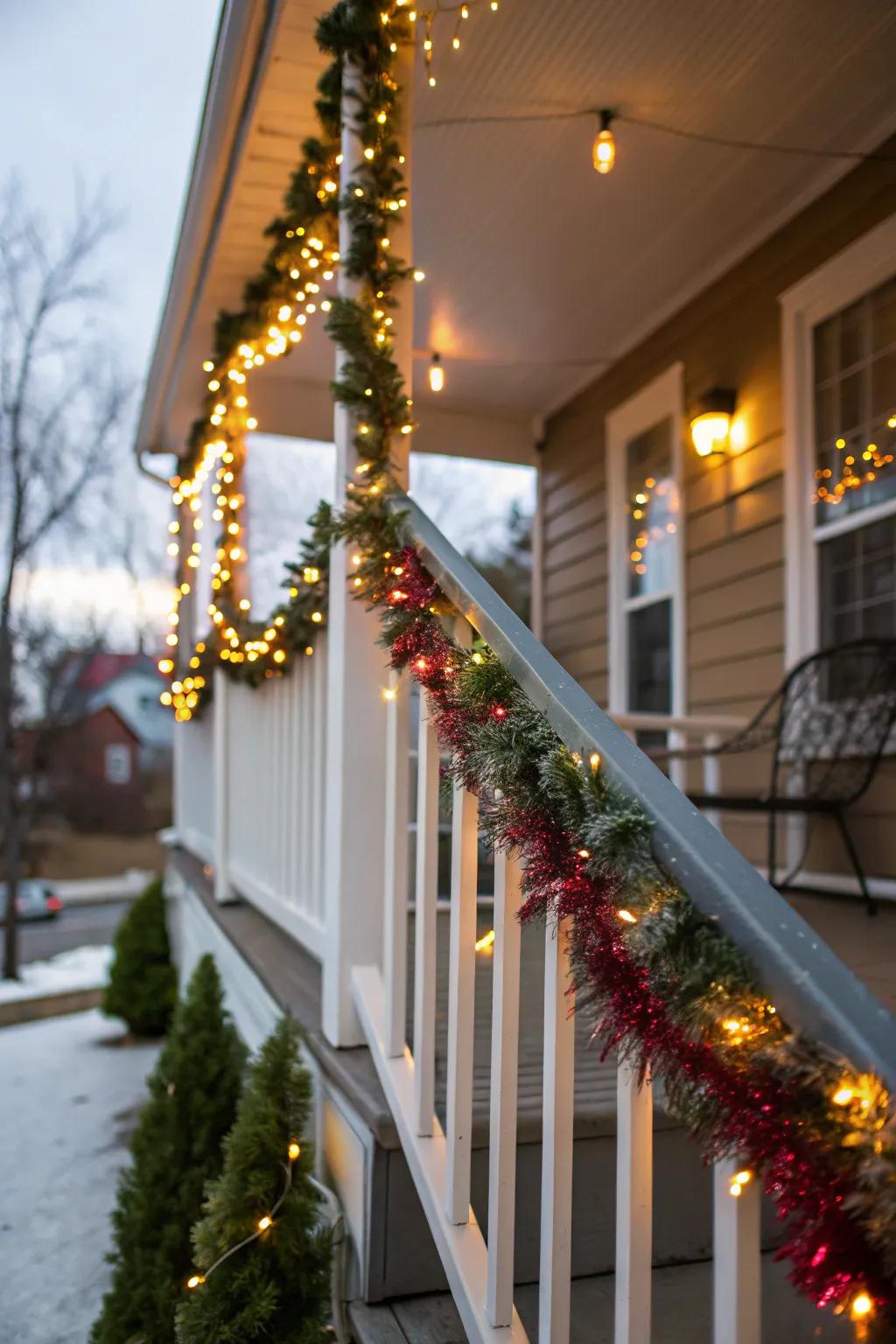 A porch with railings exquisitely embellished with sparkle ribbon.