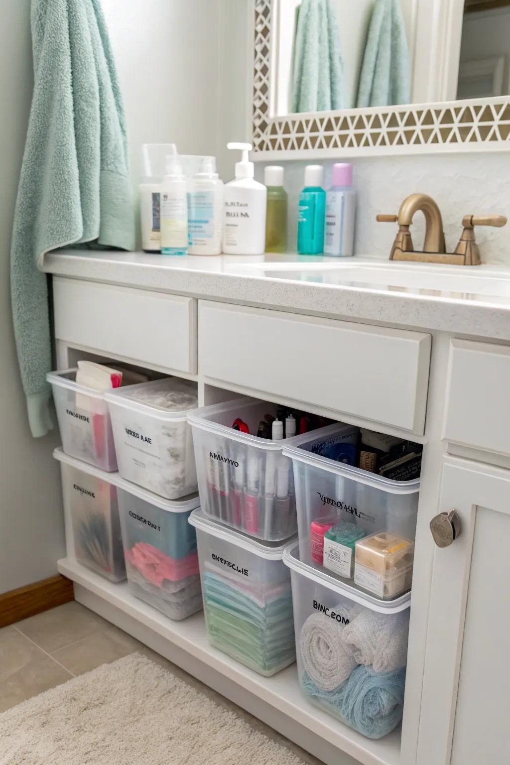 Recyclable plastic receptacles in a cabinet, offering an eco-friendly storing solution.