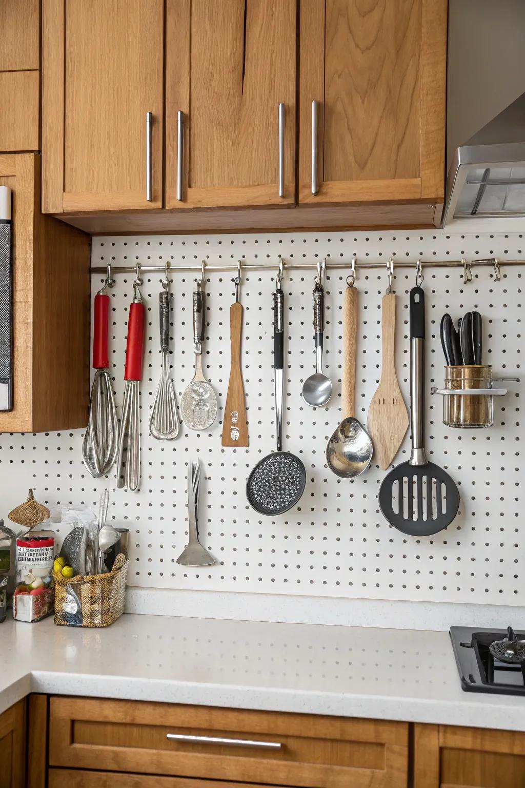 Pegboard turning kitchen tools into practical art.