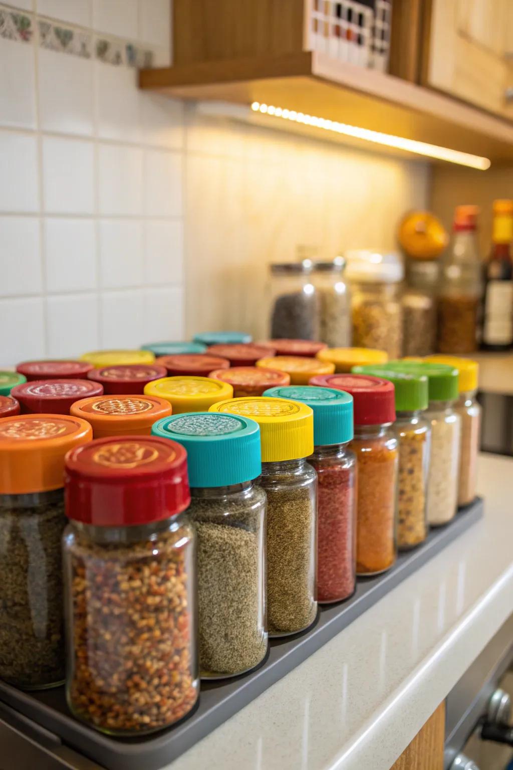 Color-marked caps make spice recognition fast and straightforward.