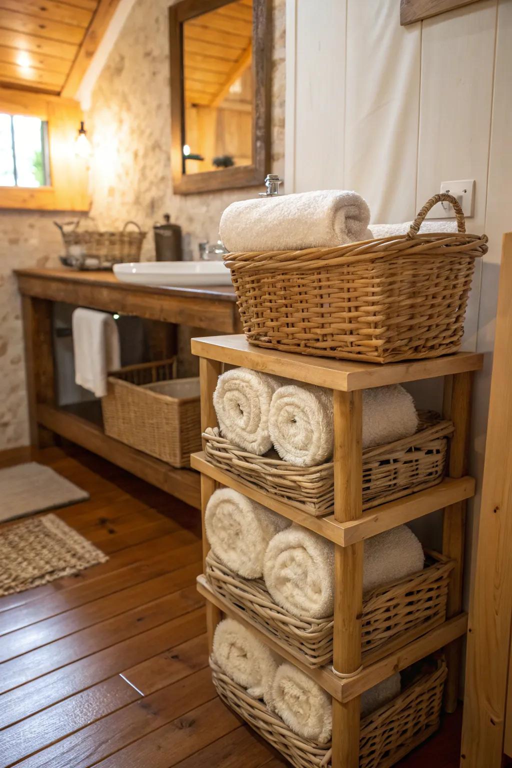A basket tower creates an organized and inviting display.