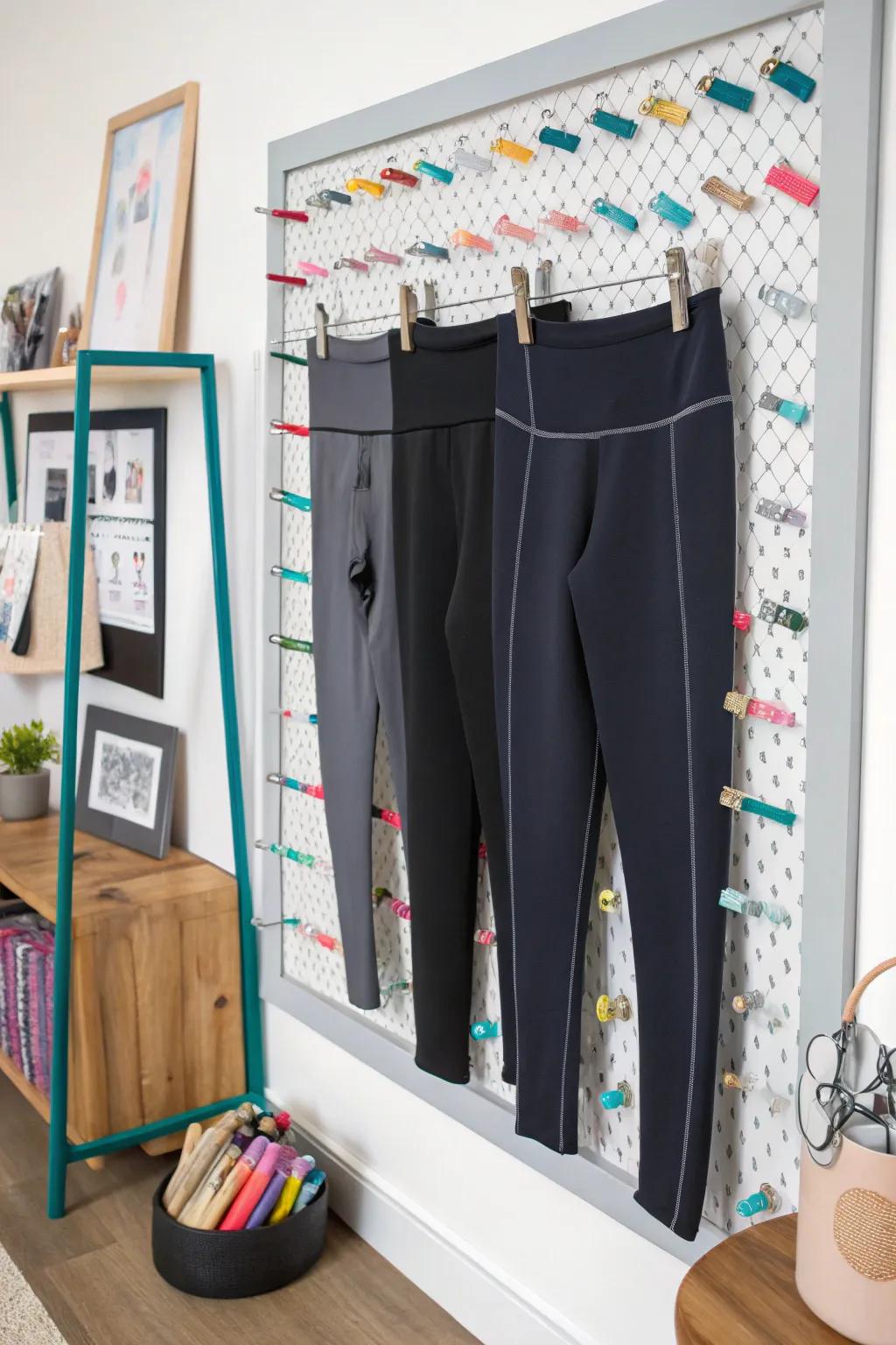 Hang your leggings using a magnetic board for a modern and artistic display.