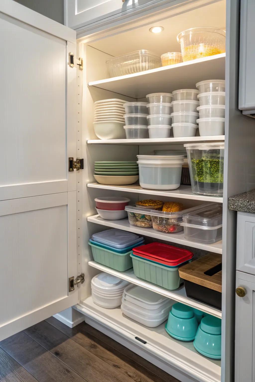 Custom shelving that transforms kitchen storage for plastic containers.