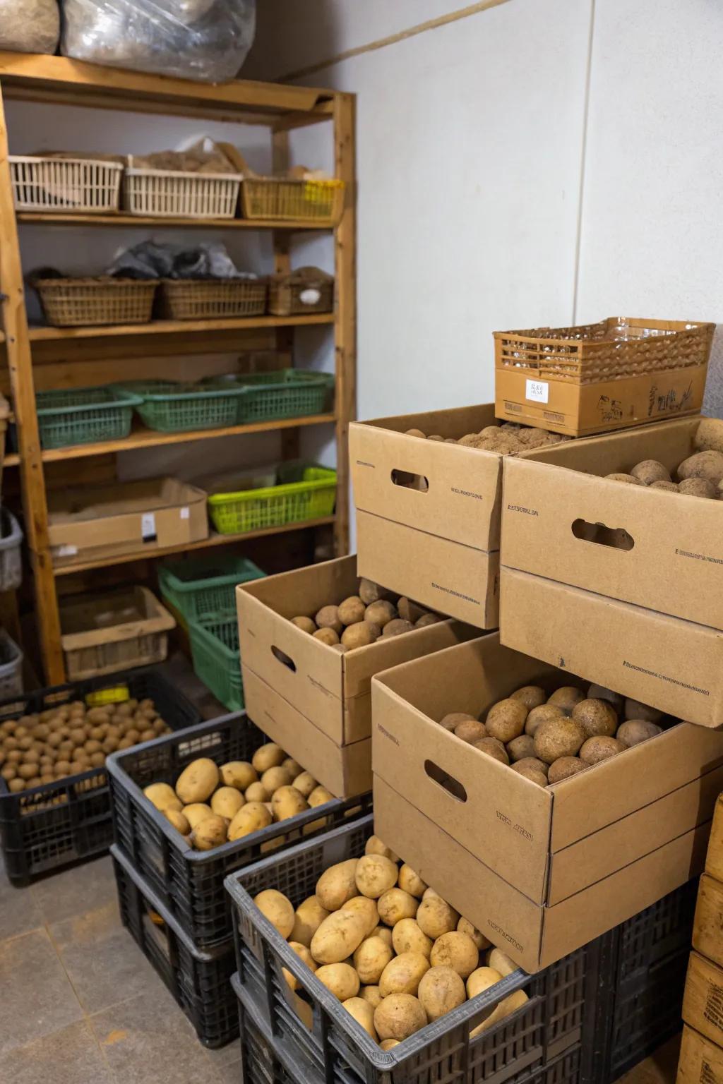 Eco-friendly spud arrangement with cardboard boxes.
