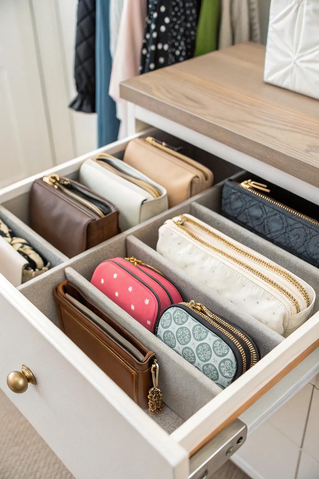 Drawer organizers efficiently storing small handbags in a tidy manner.