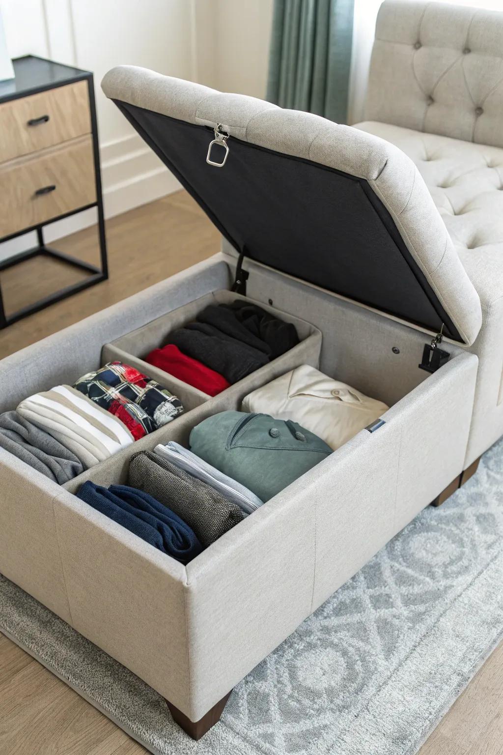 Ottomans with hidden storage keep sweatshirts out of sight and organized.