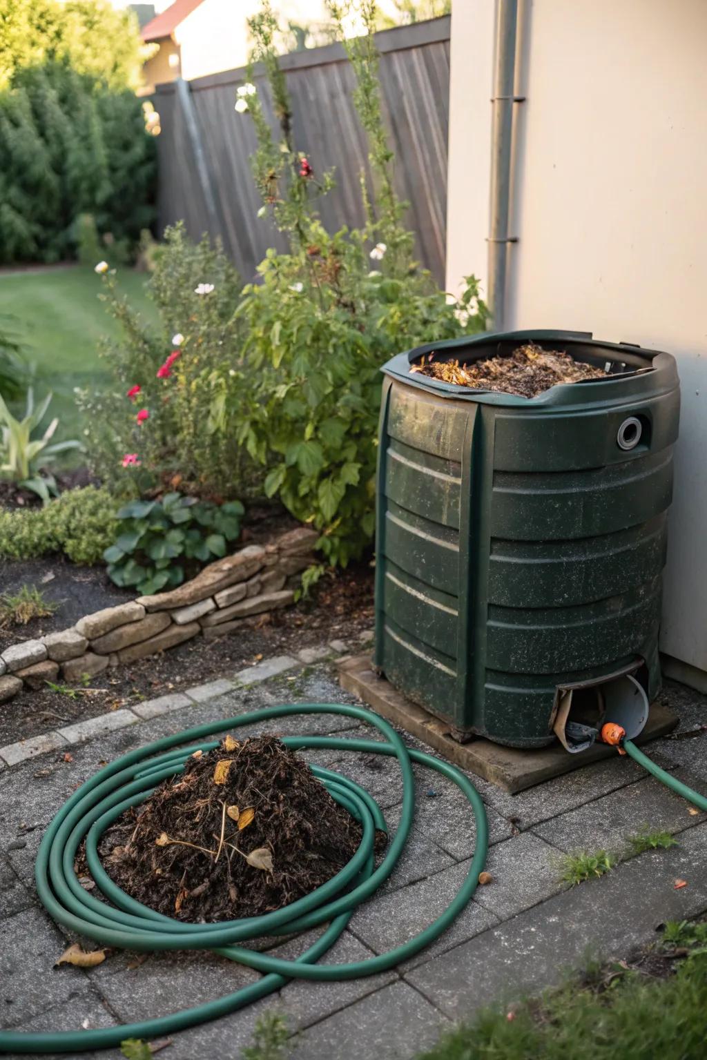 This compost bin is strategically situated near a garden hose for simple watering.