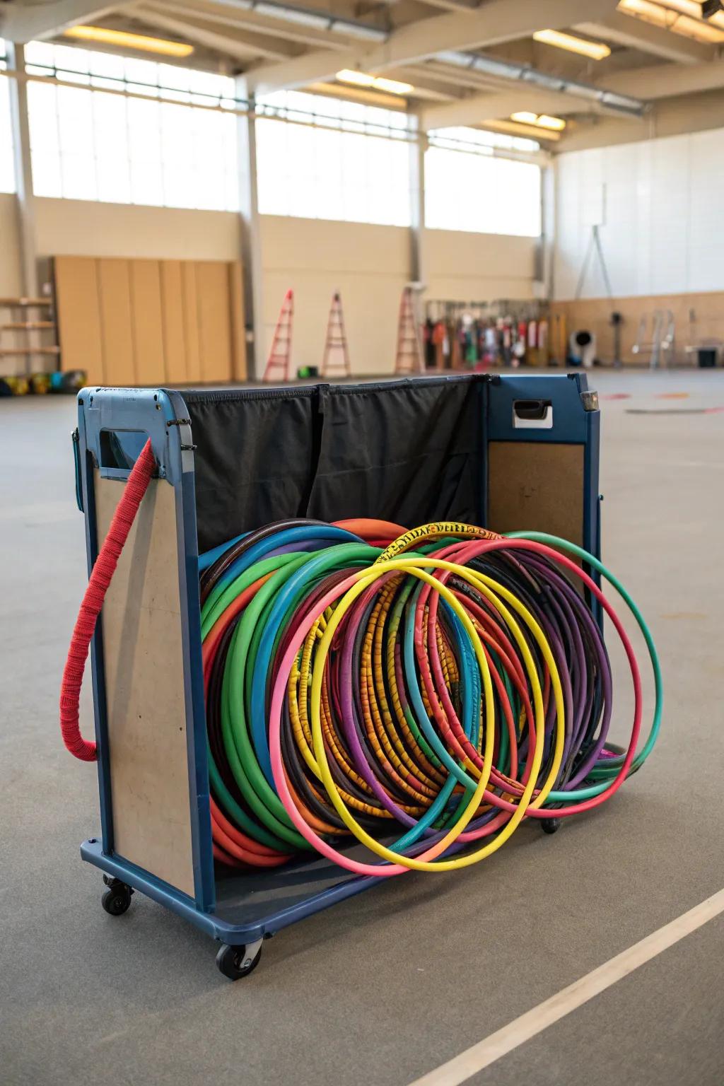 A mobile storage cart filled with hula hoops, providing flexibility and convenience.