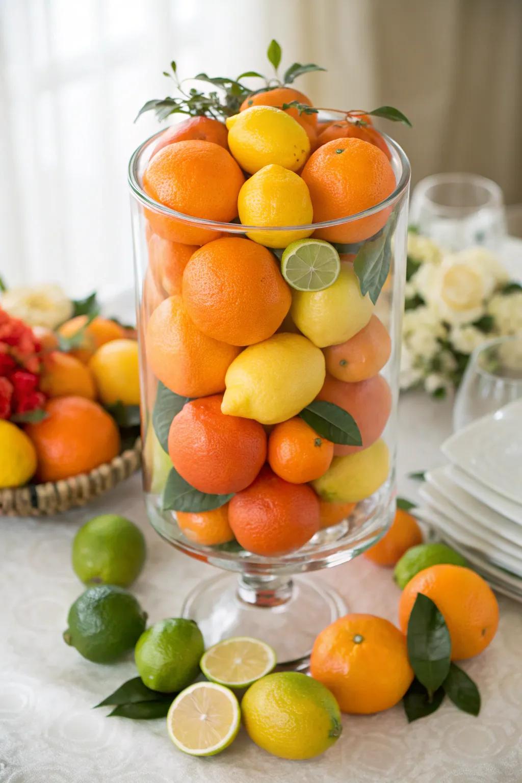 Fresh citrus fruits inside a hurricane vase bring a pop of color and freshness.