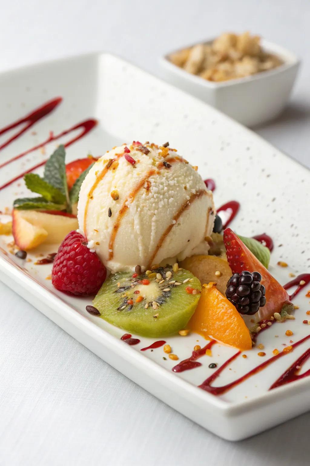 Unique sauce combinations providing a gourmet touch to ice cream.