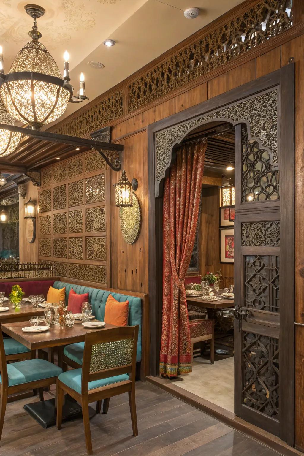 The restaurant combines wood, metal, and fabric textures to create a rich tactile experience.