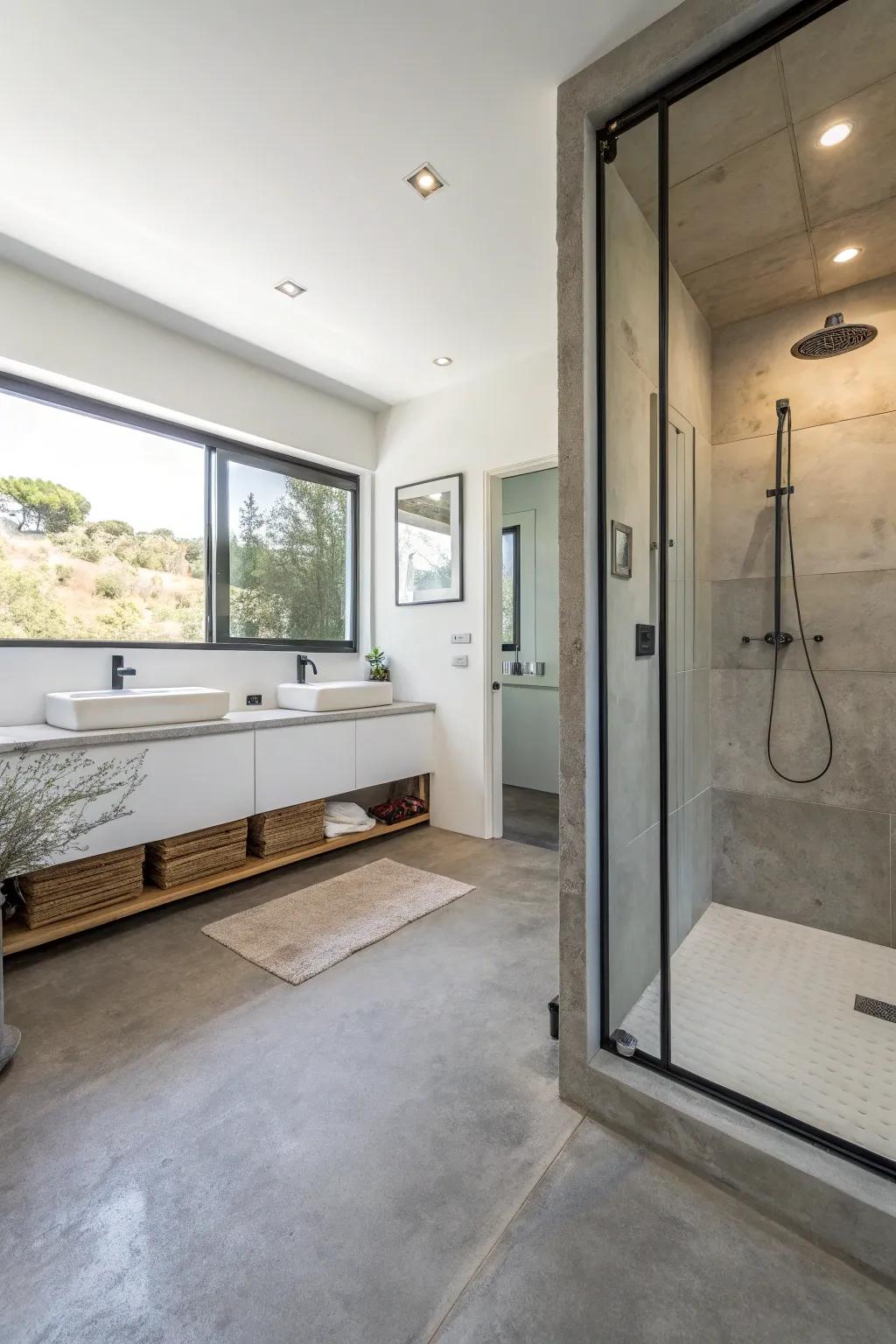 Concrete floors are ideal for stylish, modern bathrooms.