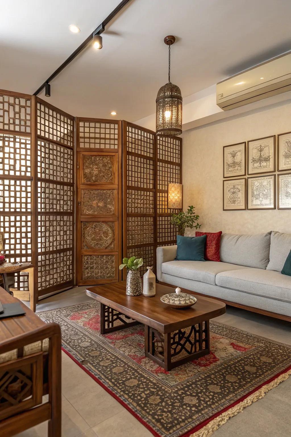 Eclectic living room featuring a dynamic lattice wall element.