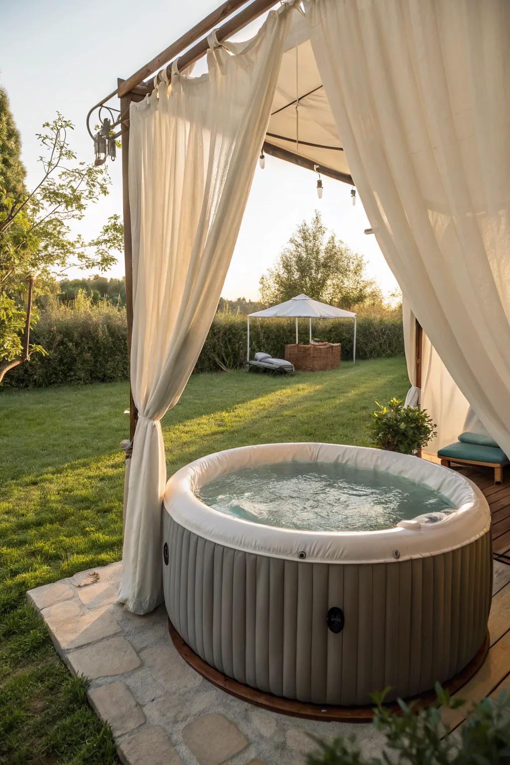 Drapes infuse flair and seclusion into the hydro-haven area.