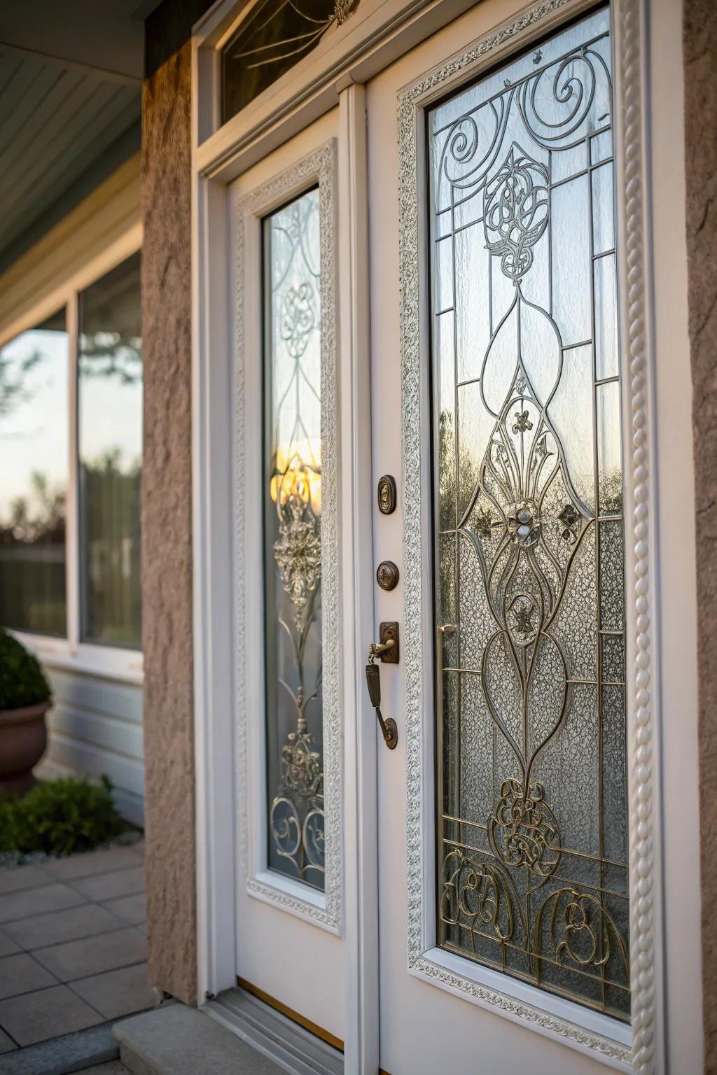 Decorative glass brings privacy and sophistication to this door.