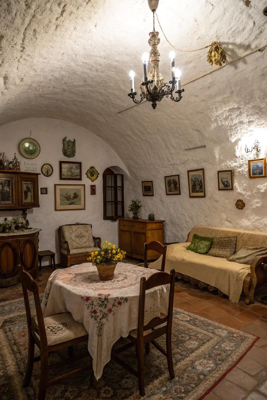 Aged decor appends ageless charm to contemporary earth-sheltered dwellings.