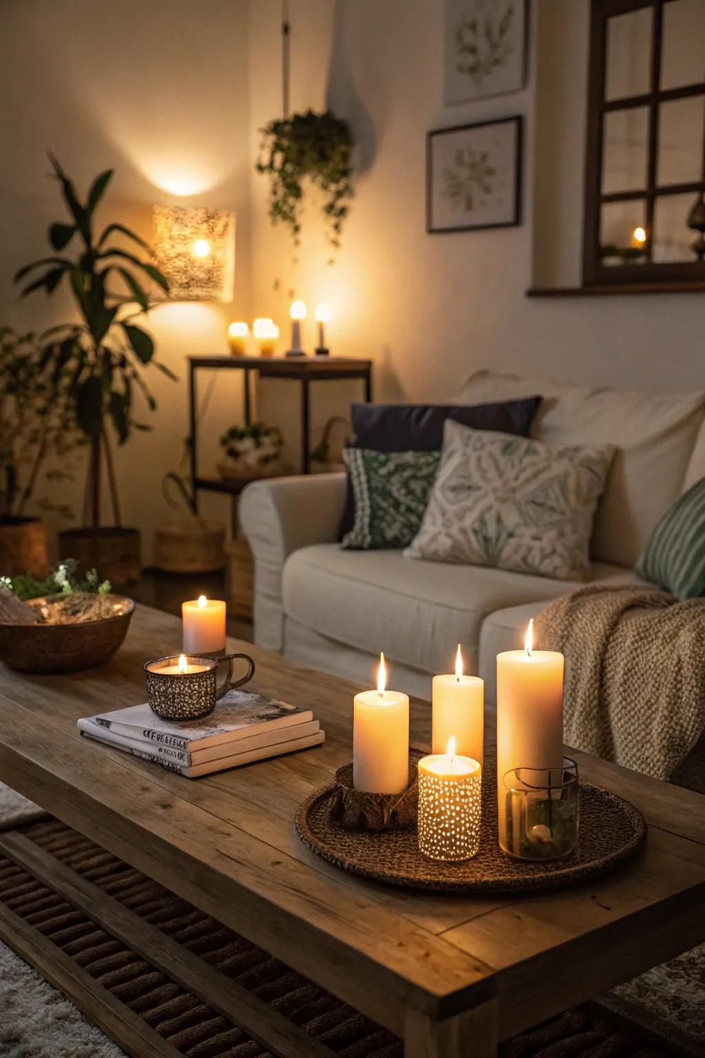 Candlelight adding warmth and intimacy to a living space.
