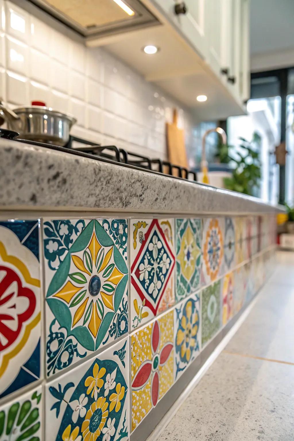 Patterned tiles introduce color and visual interest to surfaces.