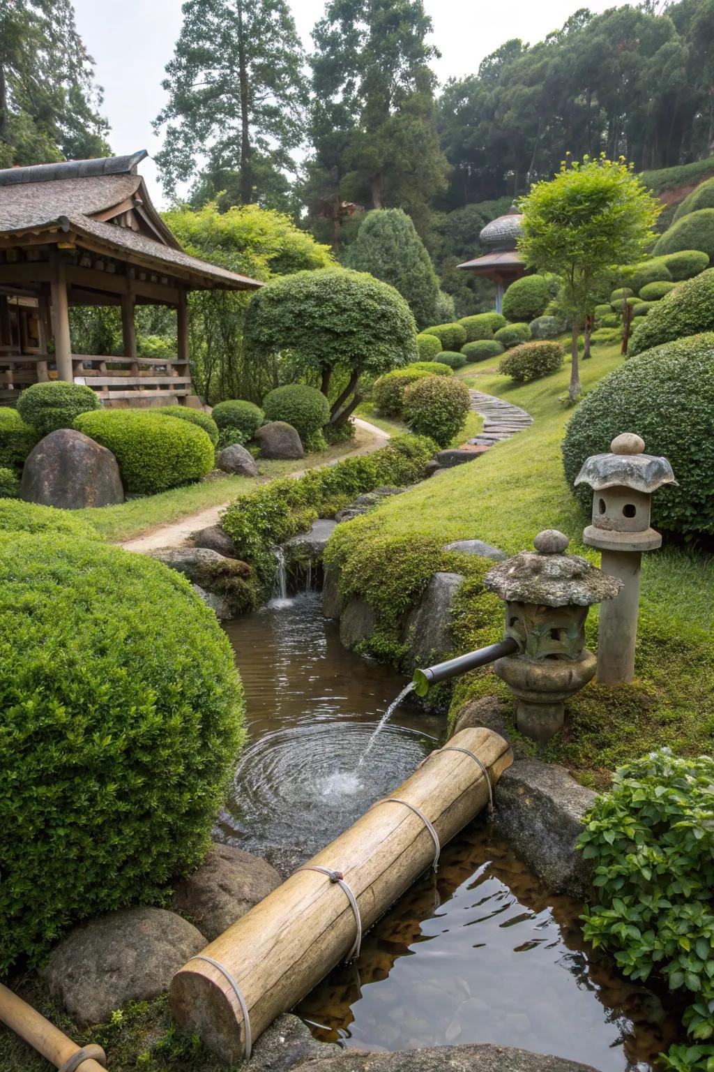 A signal fountain adding a rhythmic sound to the garden.
