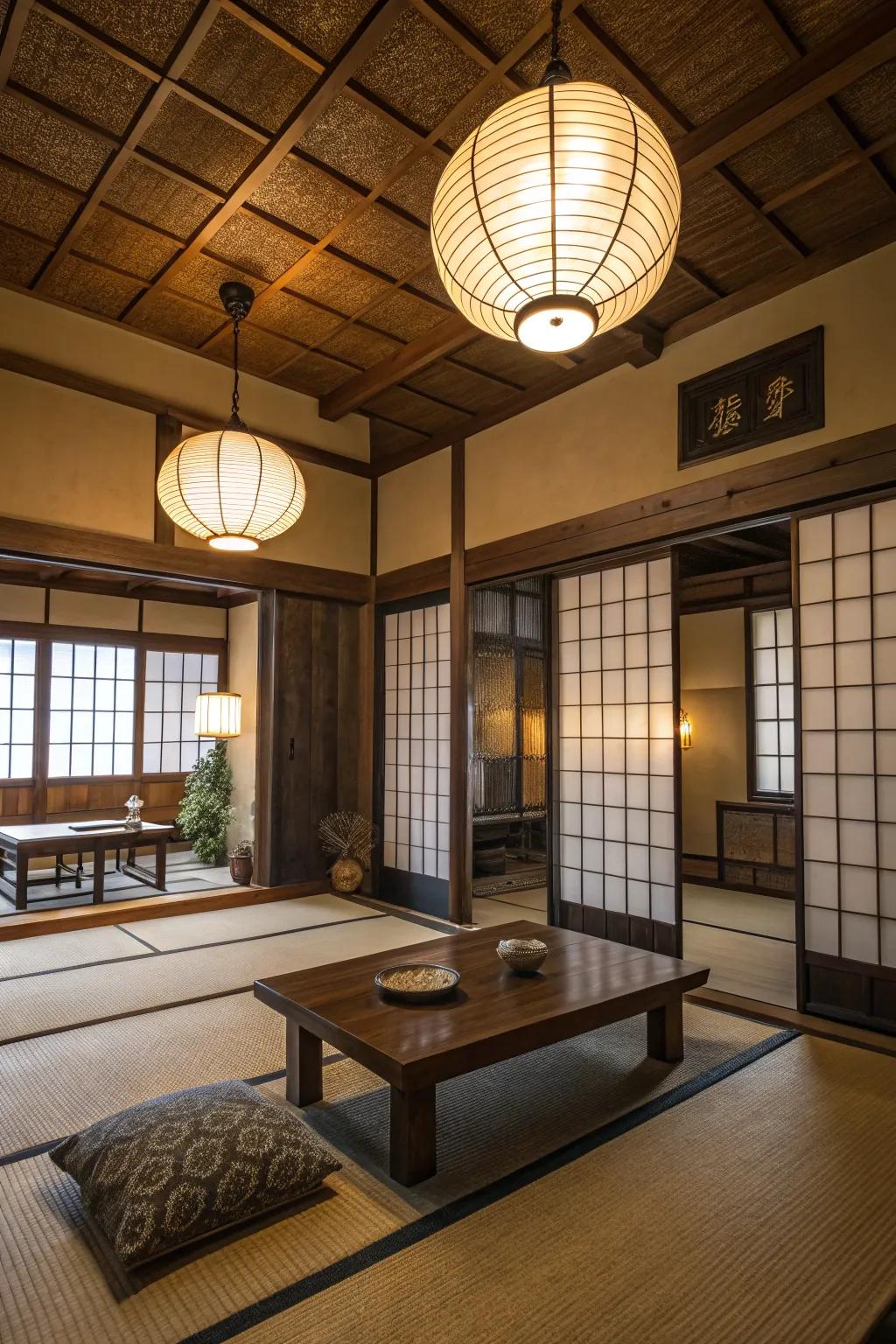 Soft lighting from paper lanterns creates a warm and inviting atmosphere.