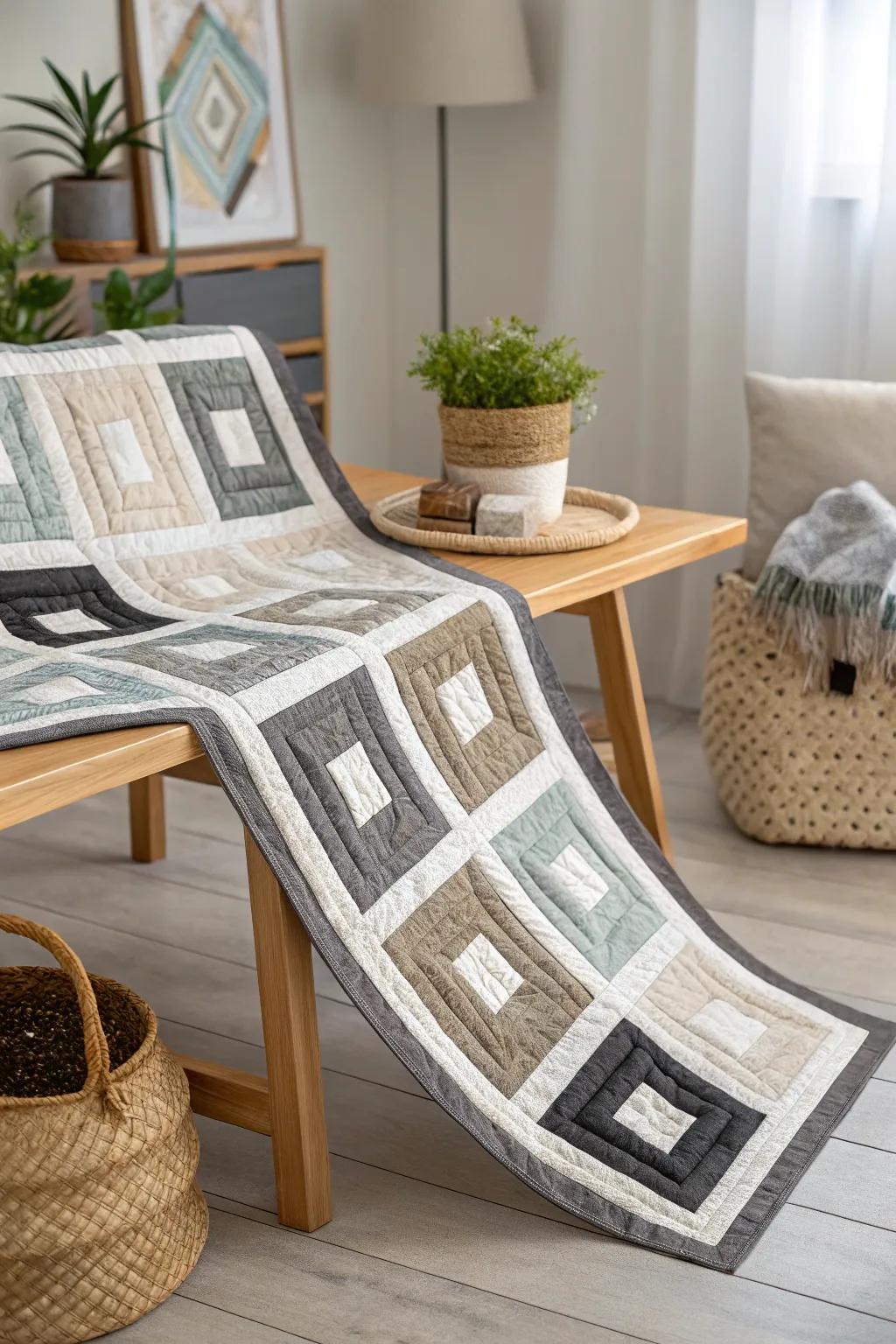Elevate your space with the captivating charm of levitating blocks in this fabric roll quilt masterpiece.