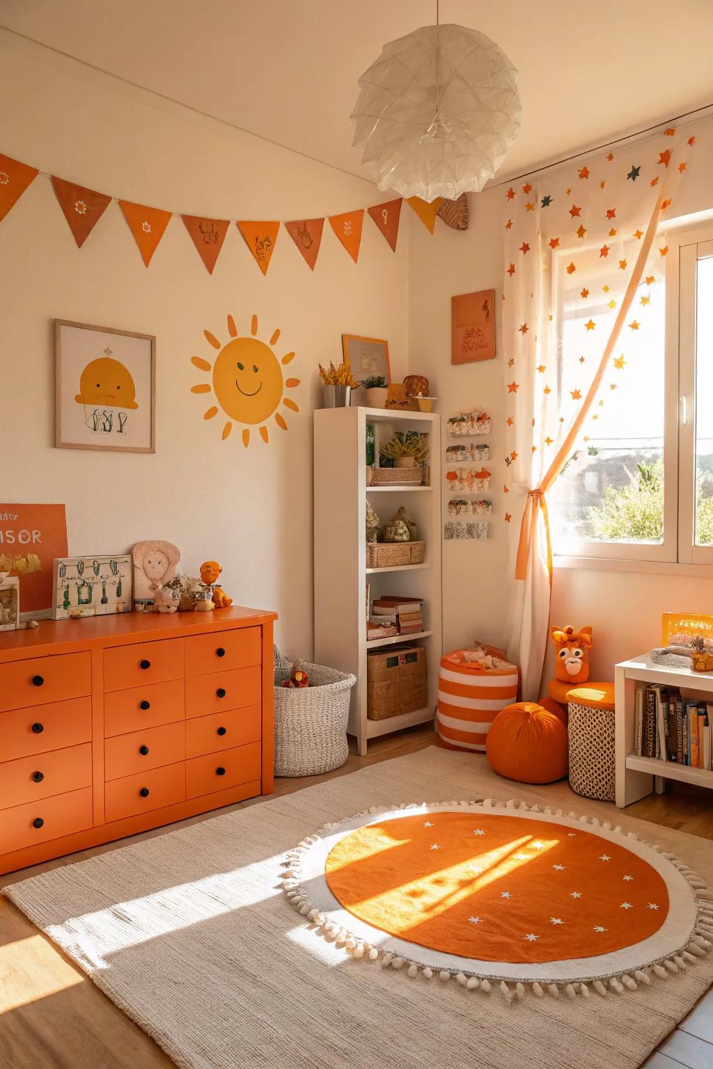 Sunny orange accents impart warmth and energy.