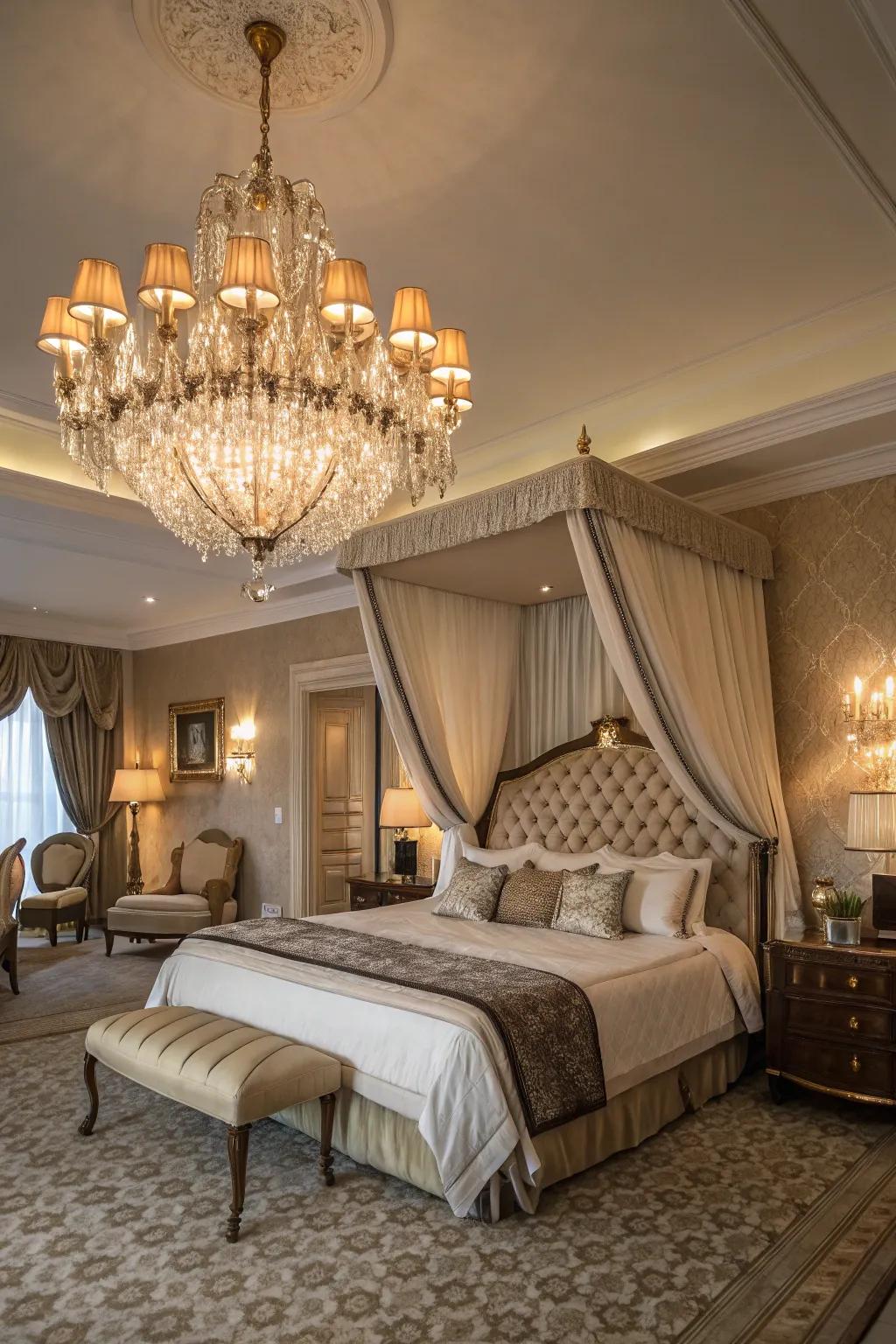A chandelier can add a glamorous focal point to your king bedroom.