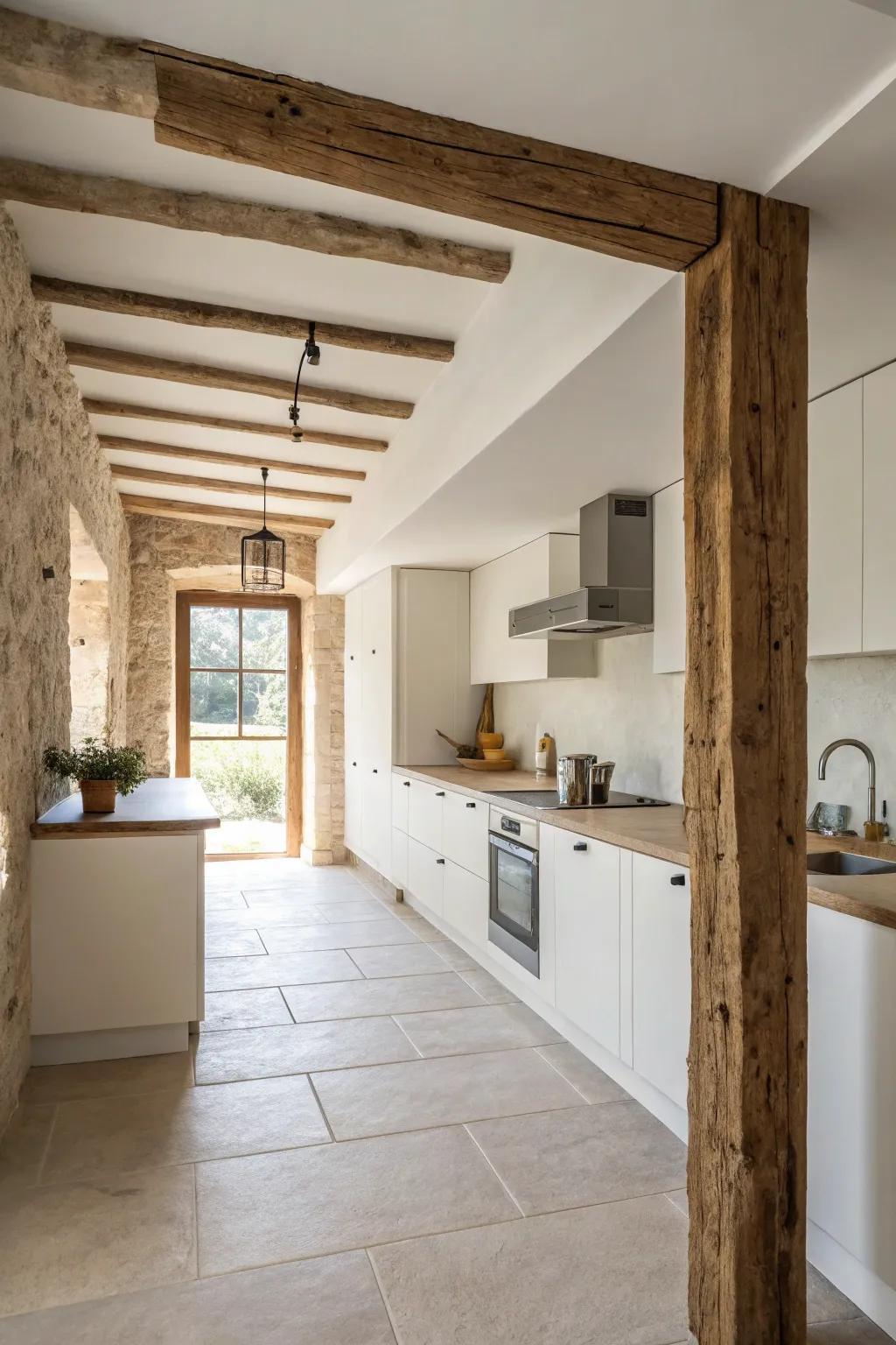 A single beam can provide subtle elegance in a minimalist kitchen.