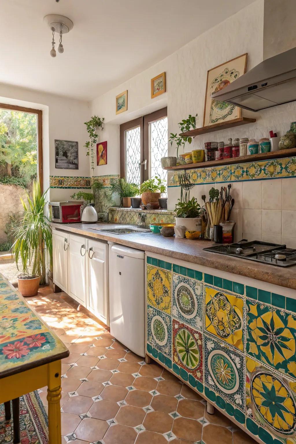 Colorful tile countertops bring vibrancy to the kitchen.