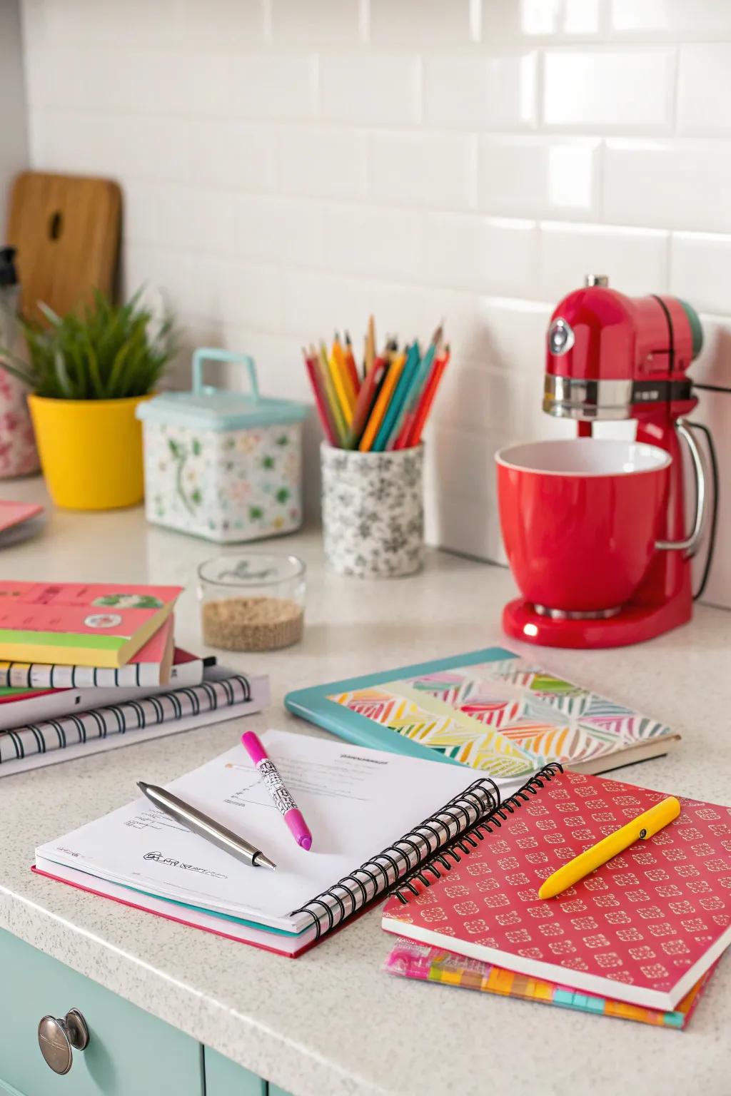 A vibrant kitchen desk area featuring a bold pop of color.