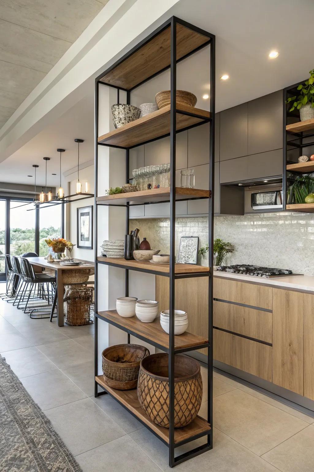 Shelves serve as functional room dividers.