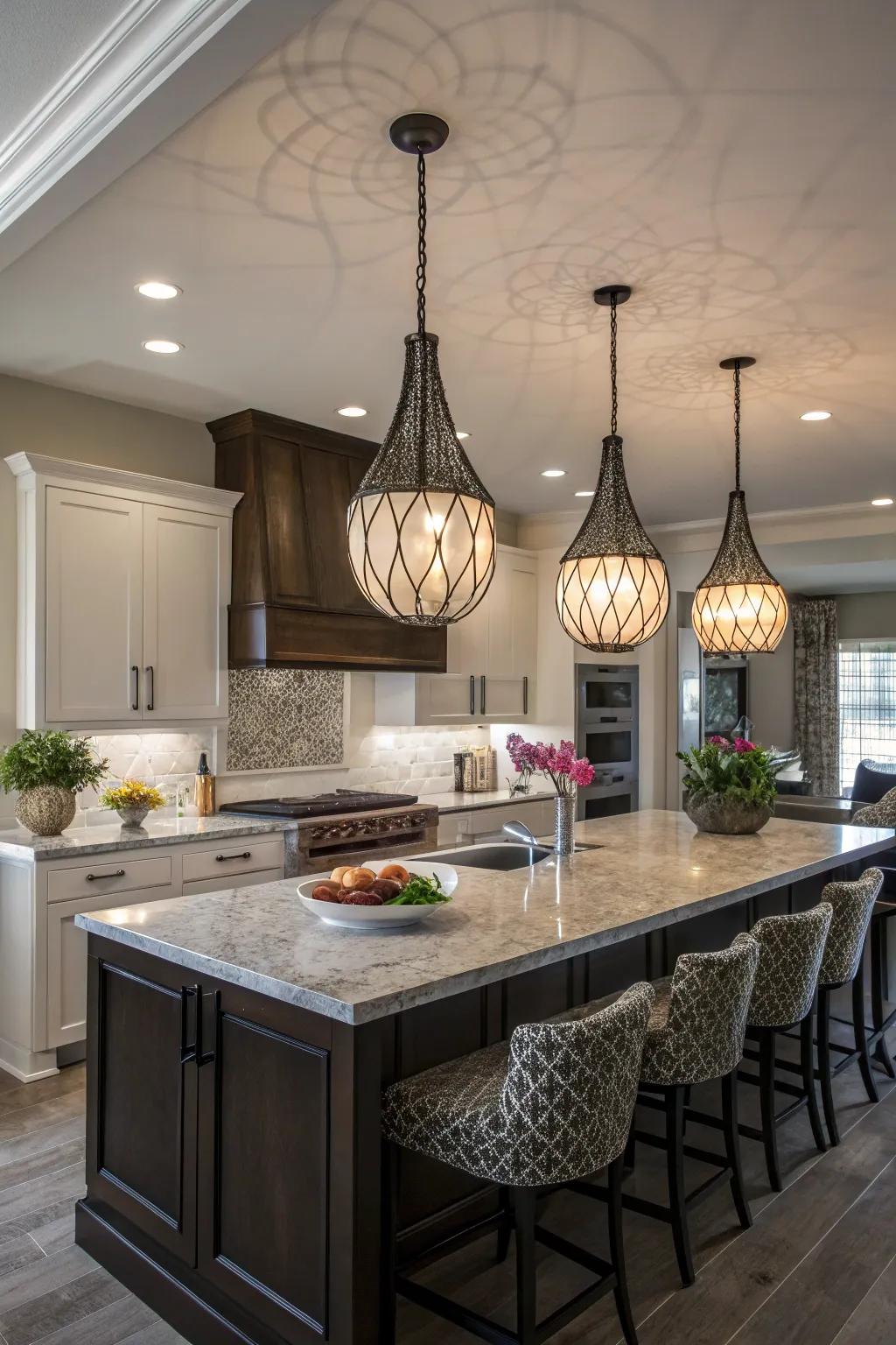 Sculptural illumination injects a touch of artistic drama into the cooking area.