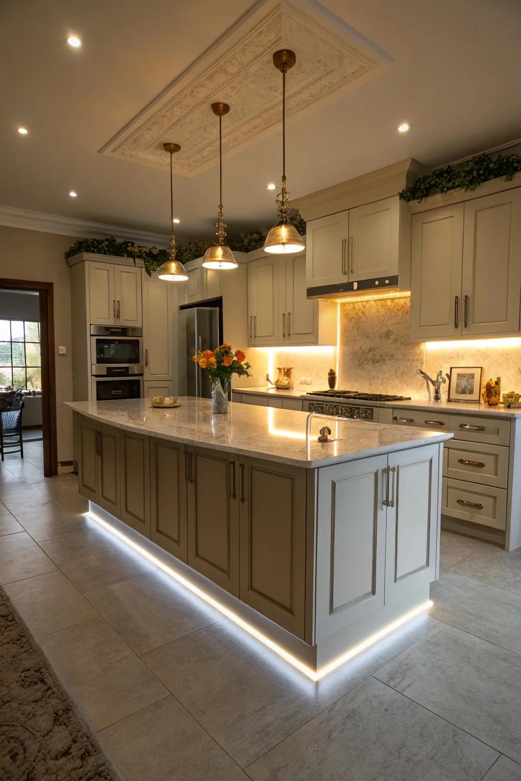 Island with integrated lighting for a modern and warm ambiance.