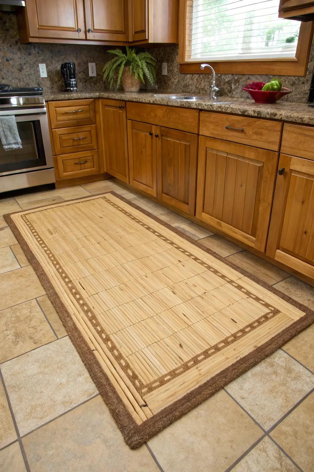 Environmentally conscious rugs created from renewable materials provide kitchens with organic charm.