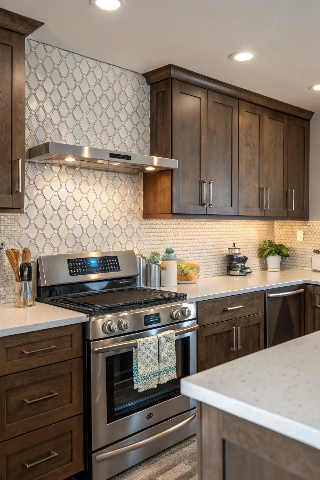 A textured backsplash adding character to the cooking area.