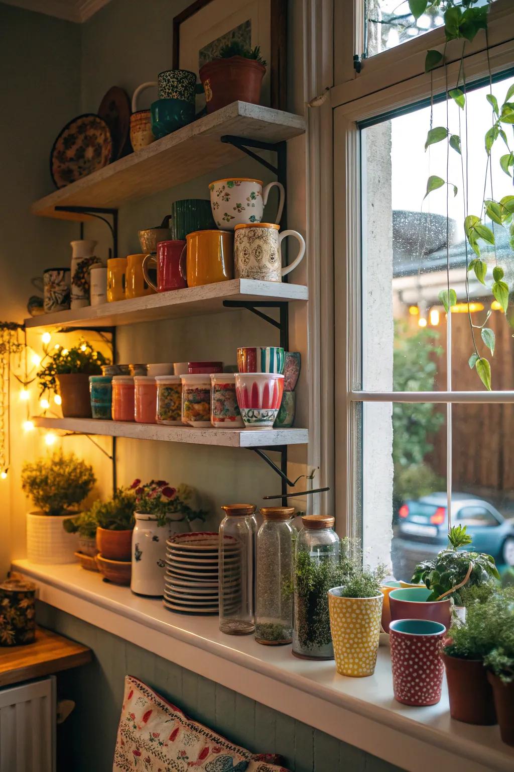 Diverse d&eacute;cor transforms kitchen shelves into a lively and tailored display.