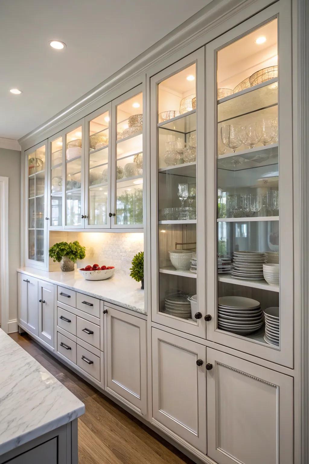 In a kitchen without windows, glass elements enhance openness.